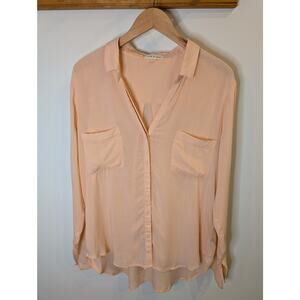 CLOTH & STONE Peach Pink Rayon Button Down Shirt Relaxed Fit Pockets Size L